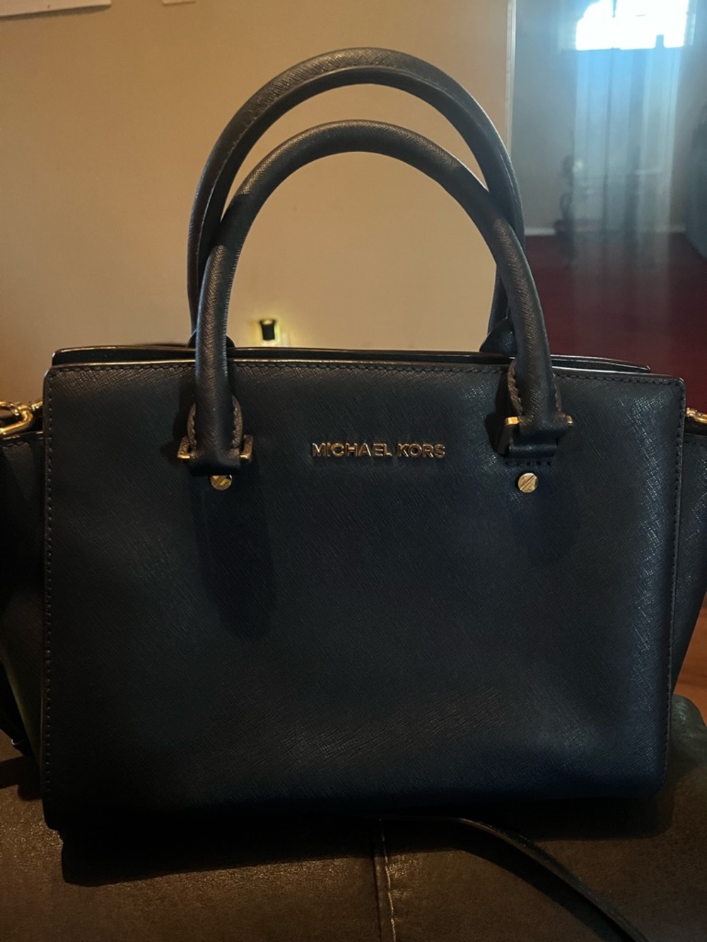 Michael Kors Navy Saffiano Satchel with Gold Hardware